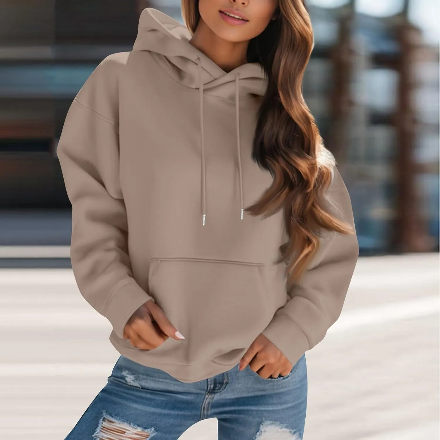 Womens Hoodies Oversized Fleece Hooded Sweatshirt Lightweight Drop Shoulder Trendy Y2K Hoodie Pullover with Pockets
