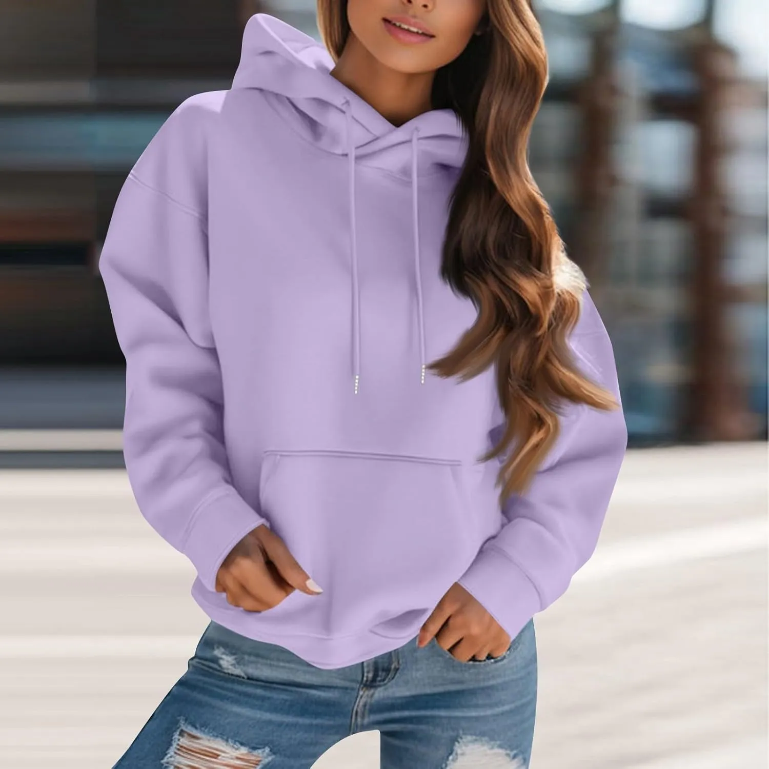 Womens Hoodies Oversized Fleece Hooded Sweatshirt Lightweight Drop Shoulder Trendy Y2K Hoodie Pullover with Pockets