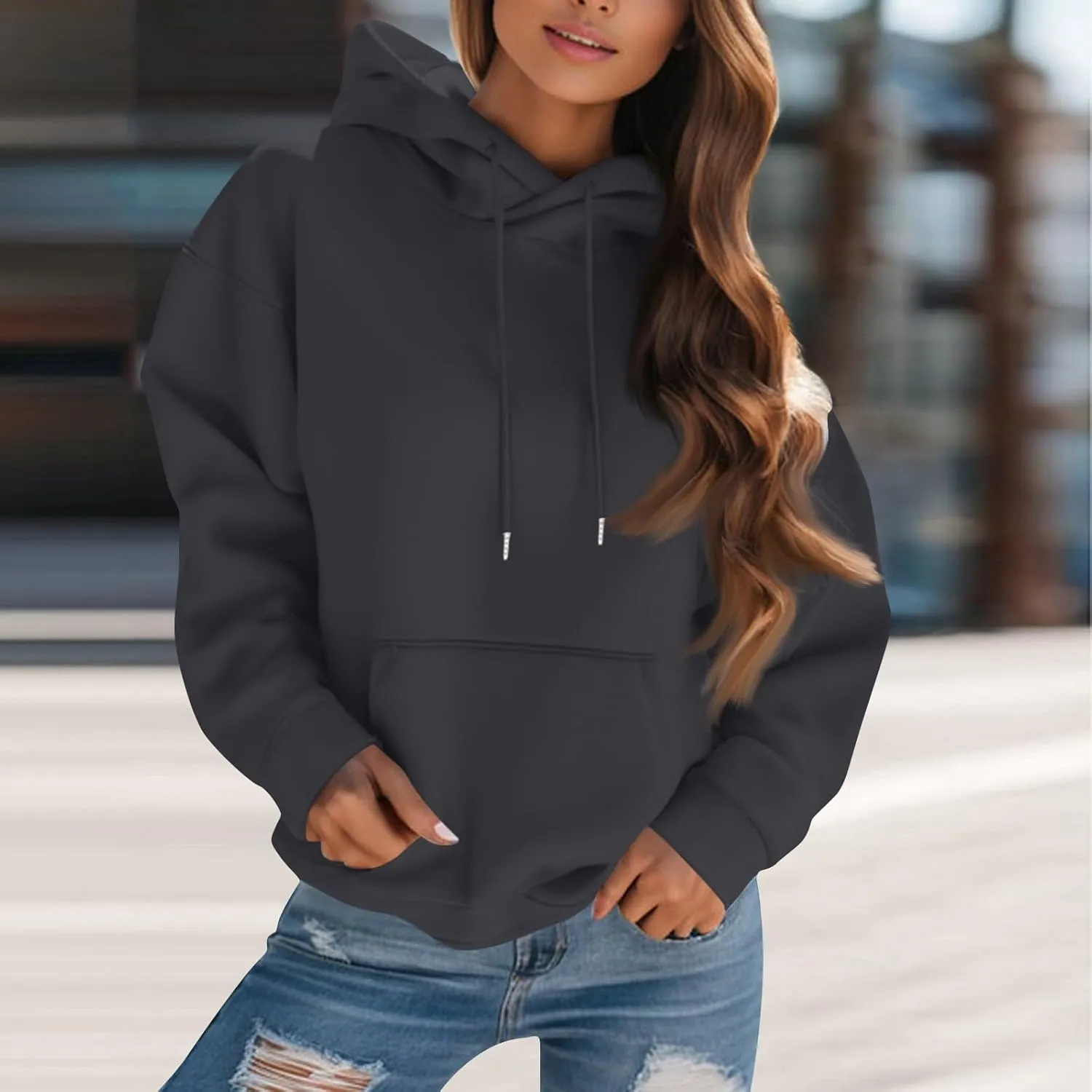 Womens Hoodies Oversized Fleece Hooded Sweatshirt Lightweight Drop Shoulder Trendy Y2K Hoodie Pullover with Pockets