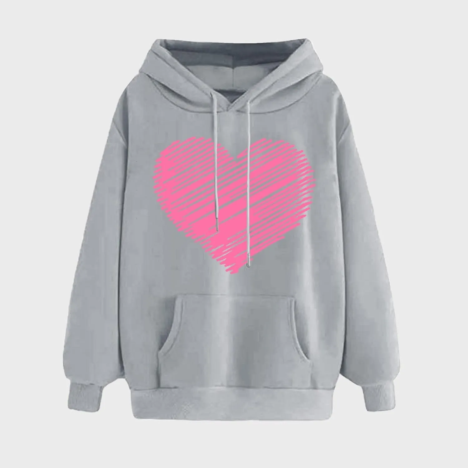 Womens Hoodies Pullover Fall Fashion Love Heart Print Long Sleeve Oversized Sweatshirt Loose Fit Blouses with Pockets