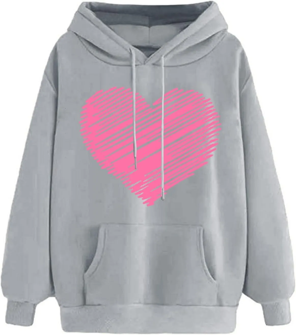Womens Hoodies Pullover Fall Fashion Love Heart Print Long Sleeve Oversized Sweatshirt Loose Fit Blouses with Pockets