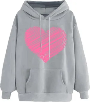 Womens Hoodies Pullover Fall Fashion Love Heart Print Long Sleeve Oversized Sweatshirt Loose Fit Blouses with Pockets