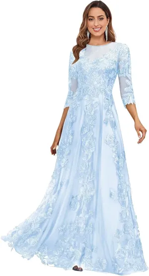 Women's Lace Appliques Mother of The Bride Dresses with 3/4 Sleeves Scoop Neck Beaded Formal Evening Gown