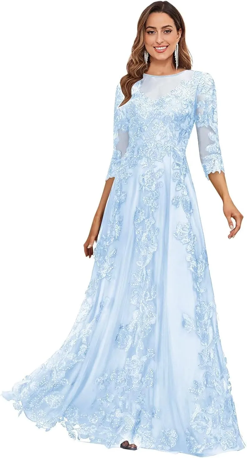 Women's Lace Appliques Mother of The Bride Dresses with 3/4 Sleeves Scoop Neck Beaded Formal Evening Gown