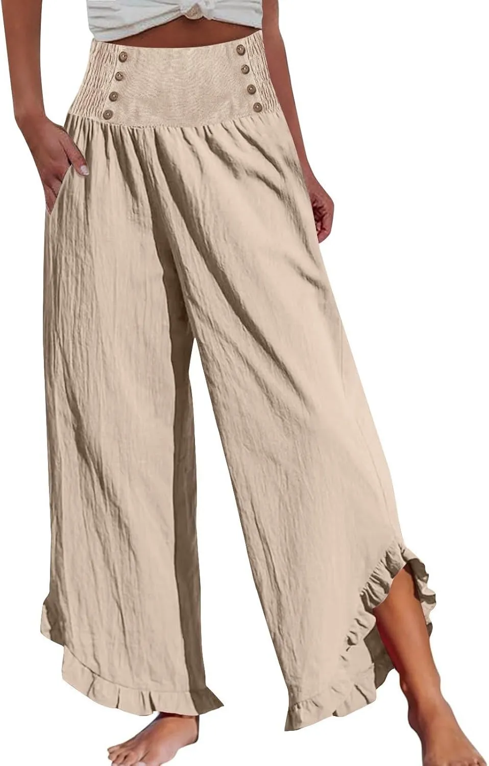 Women's Linen Palazzo Pants Smocked Waist Ruffle Cuffs Wide Leg Boho Pants Summer Beach Vacation Loose Flowy Trousers