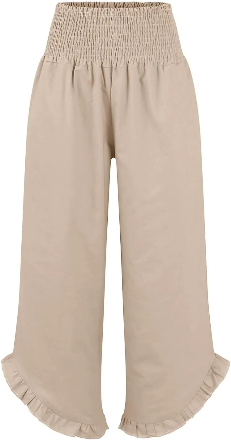 Women's Linen Palazzo Pants Smocked Waist Ruffle Cuffs Wide Leg Boho Pants Summer Beach Vacation Loose Flowy Trousers