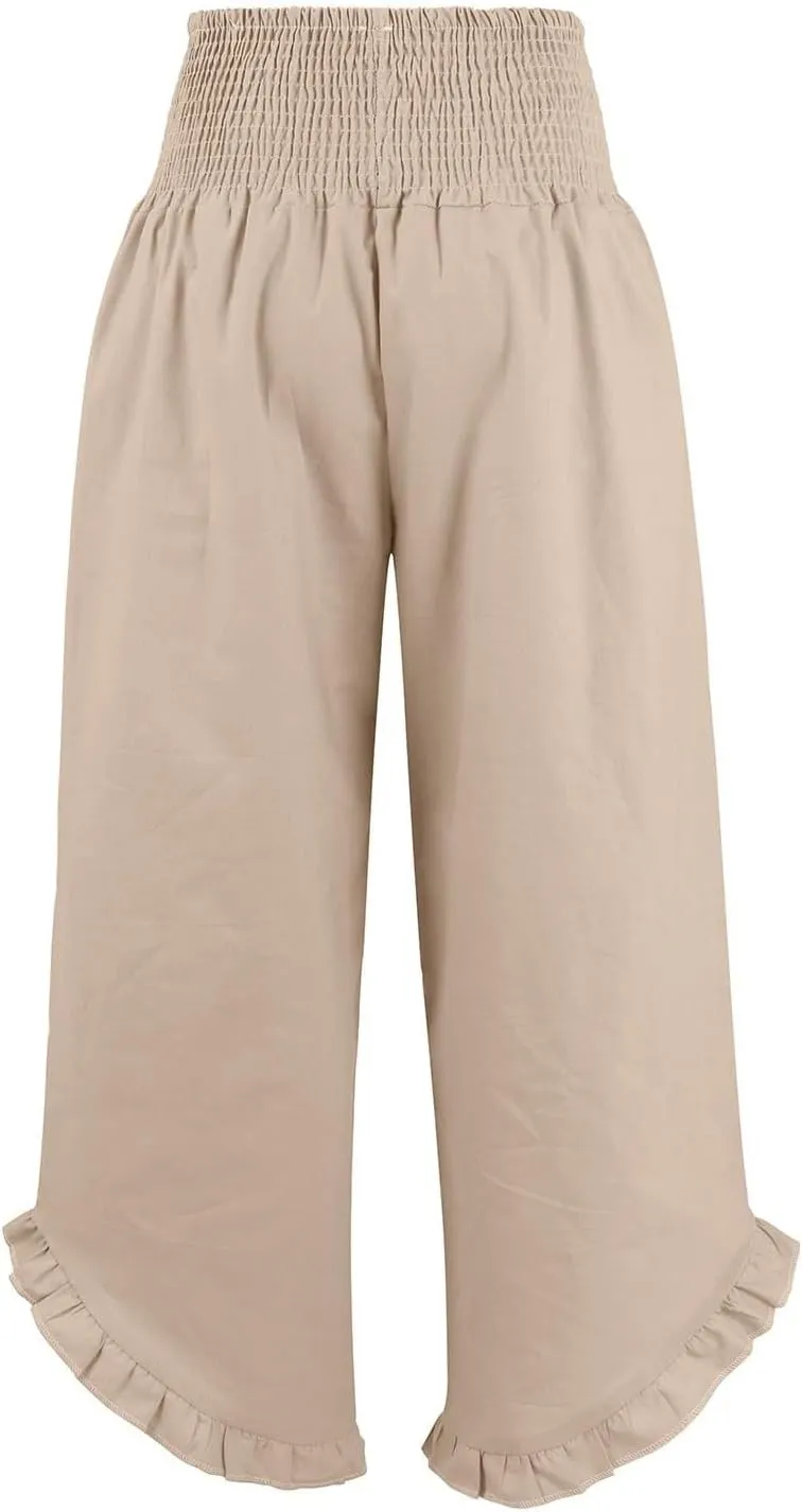 Women's Linen Palazzo Pants Smocked Waist Ruffle Cuffs Wide Leg Boho Pants Summer Beach Vacation Loose Flowy Trousers