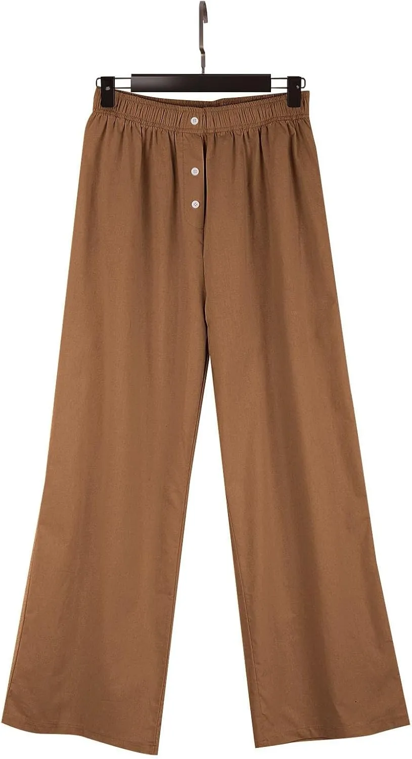 Womens Linen Palazzo Pants Summer Casual Elastic High Waisted Wide Leg Lounge Trousers Beach Flowy Pants with Pockets