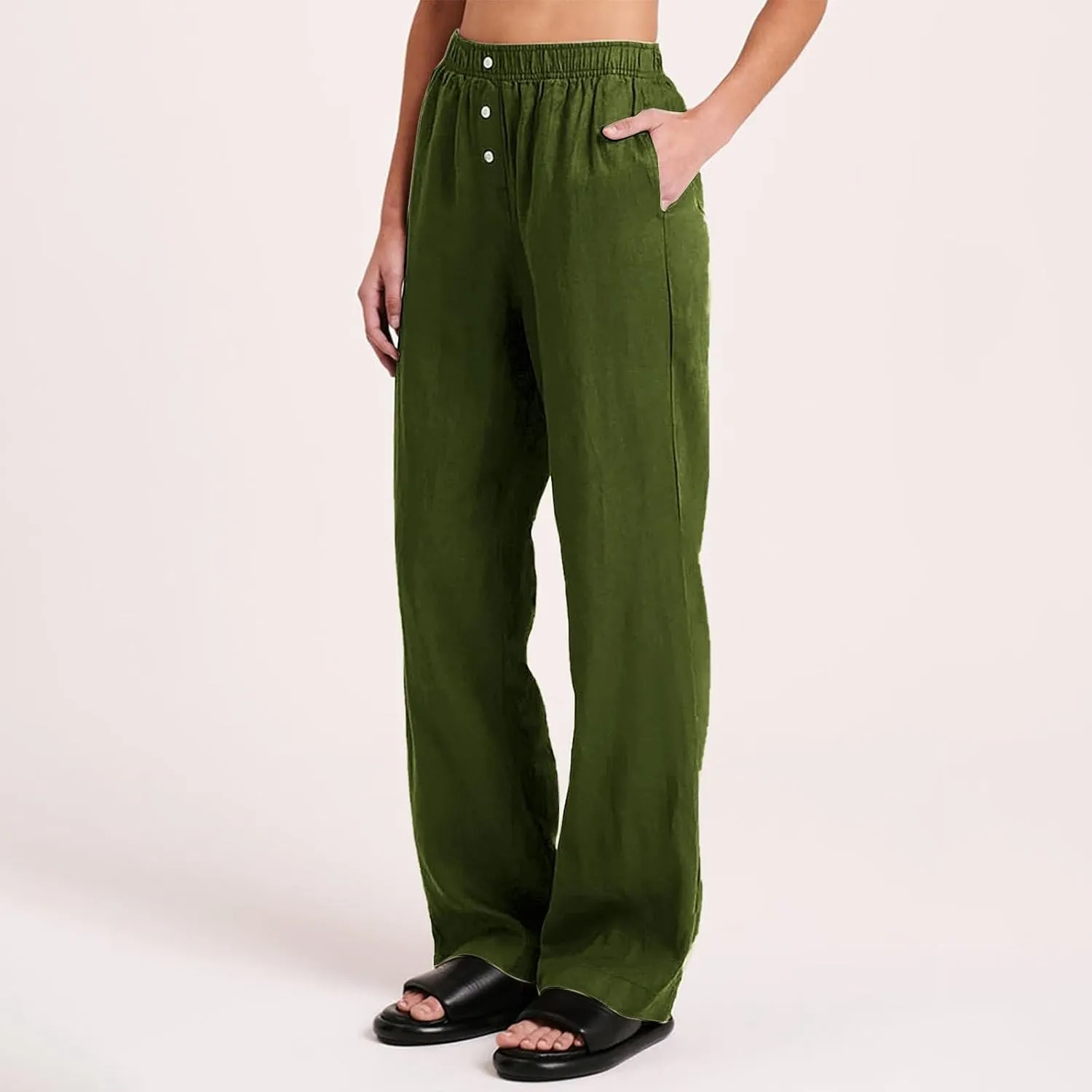 Womens Linen Palazzo Pants Summer Casual Elastic High Waisted Wide Leg Lounge Trousers Beach Flowy Pants with Pockets