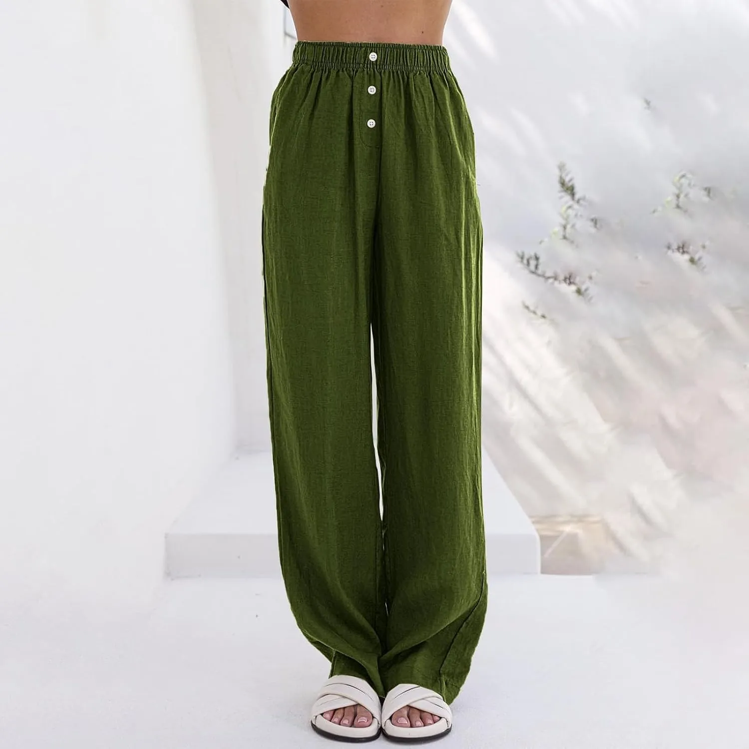 Womens Linen Palazzo Pants Summer Casual Elastic High Waisted Wide Leg Lounge Trousers Beach Flowy Pants with Pockets