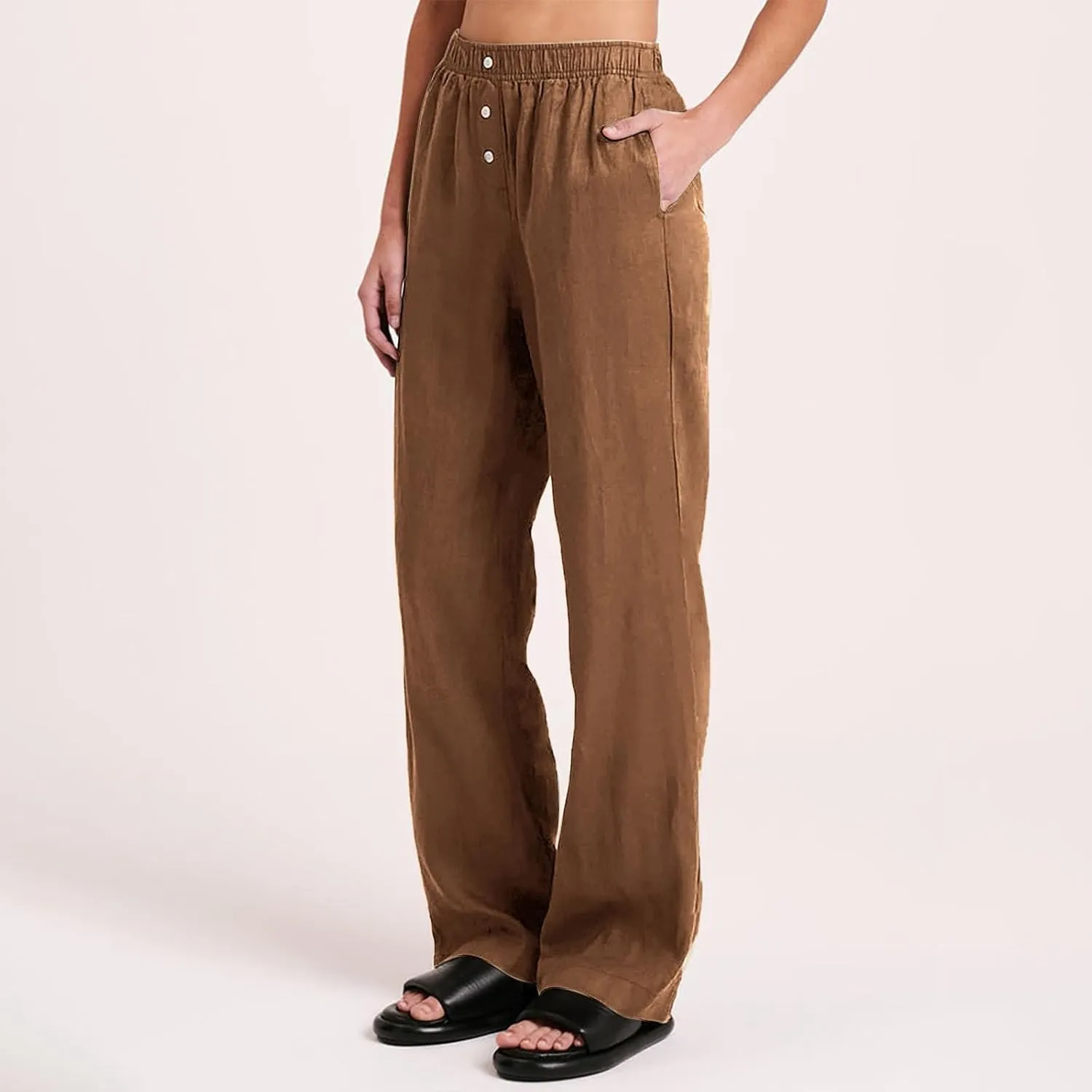Womens Linen Palazzo Pants Summer Casual Elastic High Waisted Wide Leg Lounge Trousers Beach Flowy Pants with Pockets