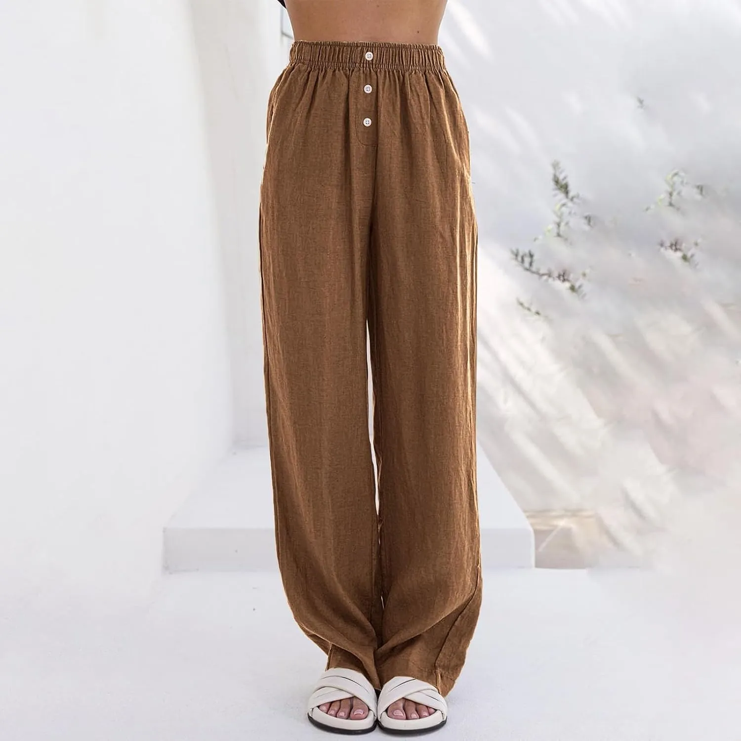 Womens Linen Palazzo Pants Summer Casual Elastic High Waisted Wide Leg Lounge Trousers Beach Flowy Pants with Pockets