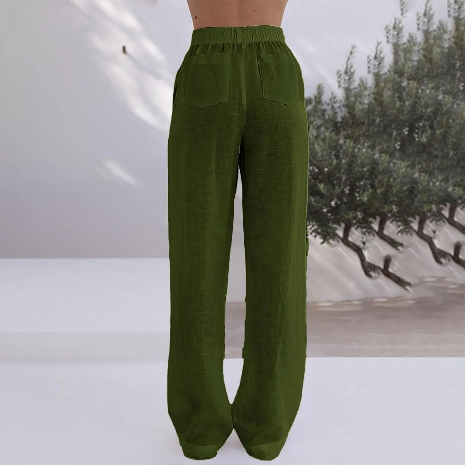 Womens Linen Palazzo Pants Summer Casual Elastic High Waisted Wide Leg Lounge Trousers Beach Flowy Pants with Pockets