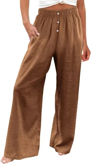 Womens Linen Palazzo Pants Summer Casual Elastic High Waisted Wide Leg Lounge Trousers Beach Flowy Pants with Pockets