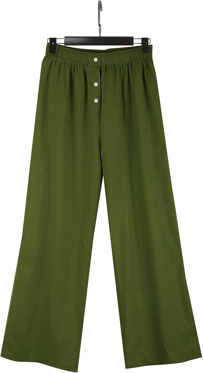 Womens Linen Palazzo Pants Summer Casual Elastic High Waisted Wide Leg Lounge Trousers Beach Flowy Pants with Pockets
