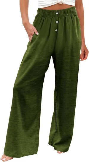 Womens Linen Palazzo Pants Summer Casual Elastic High Waisted Wide Leg Lounge Trousers Beach Flowy Pants with Pockets