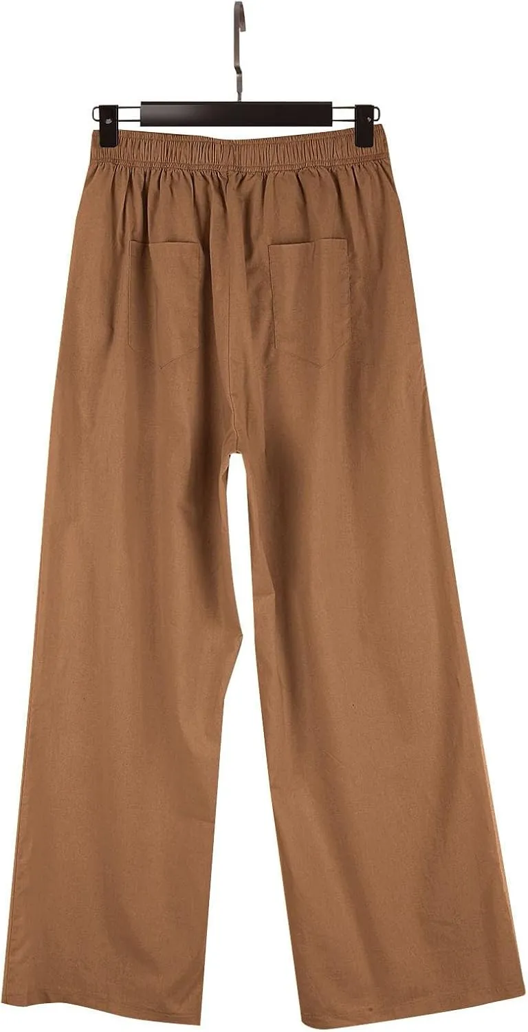 Womens Linen Palazzo Pants Summer Casual Elastic High Waisted Wide Leg Lounge Trousers Beach Flowy Pants with Pockets
