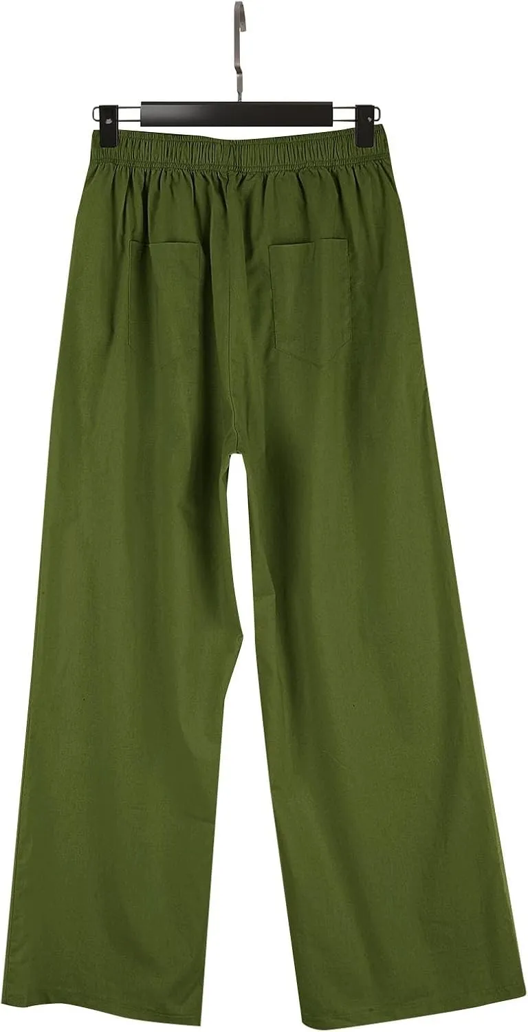 Womens Linen Palazzo Pants Summer Casual Elastic High Waisted Wide Leg Lounge Trousers Beach Flowy Pants with Pockets