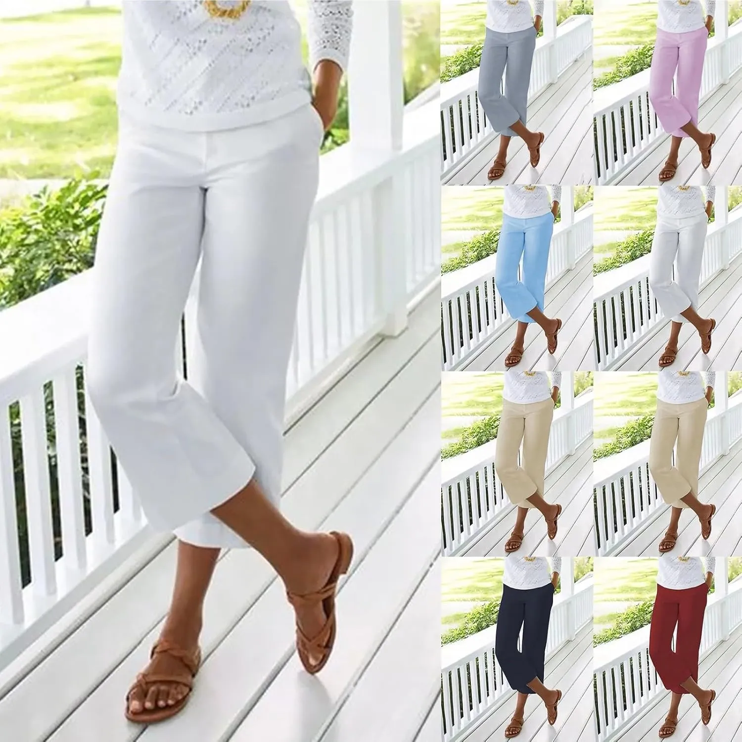 Women's Linen Pants for Summer Elastic Waist Wide Leg Cropped Pants Casual Flared Capris Lounge Trousers with Pockets