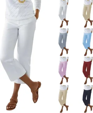 Women's Linen Pants for Summer Elastic Waist Wide Leg Cropped Pants Casual Flared Capris Lounge Trousers with Pockets