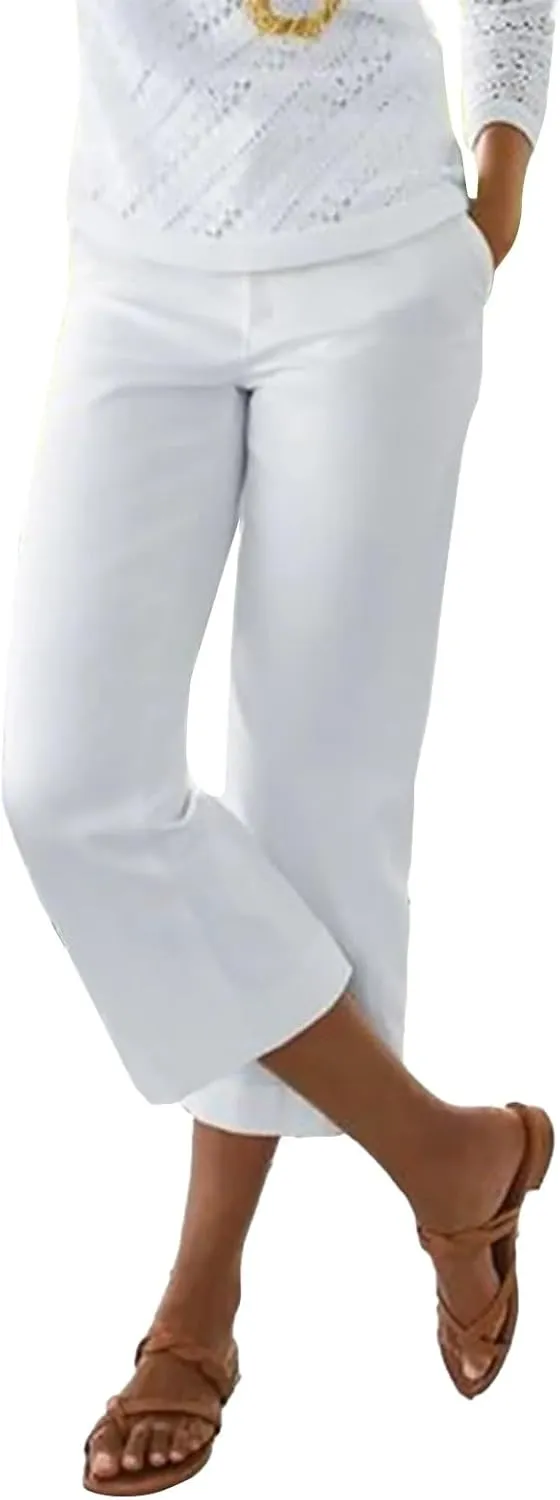 Women's Linen Pants for Summer Elastic Waist Wide Leg Cropped Pants Casual Flared Capris Lounge Trousers with Pockets