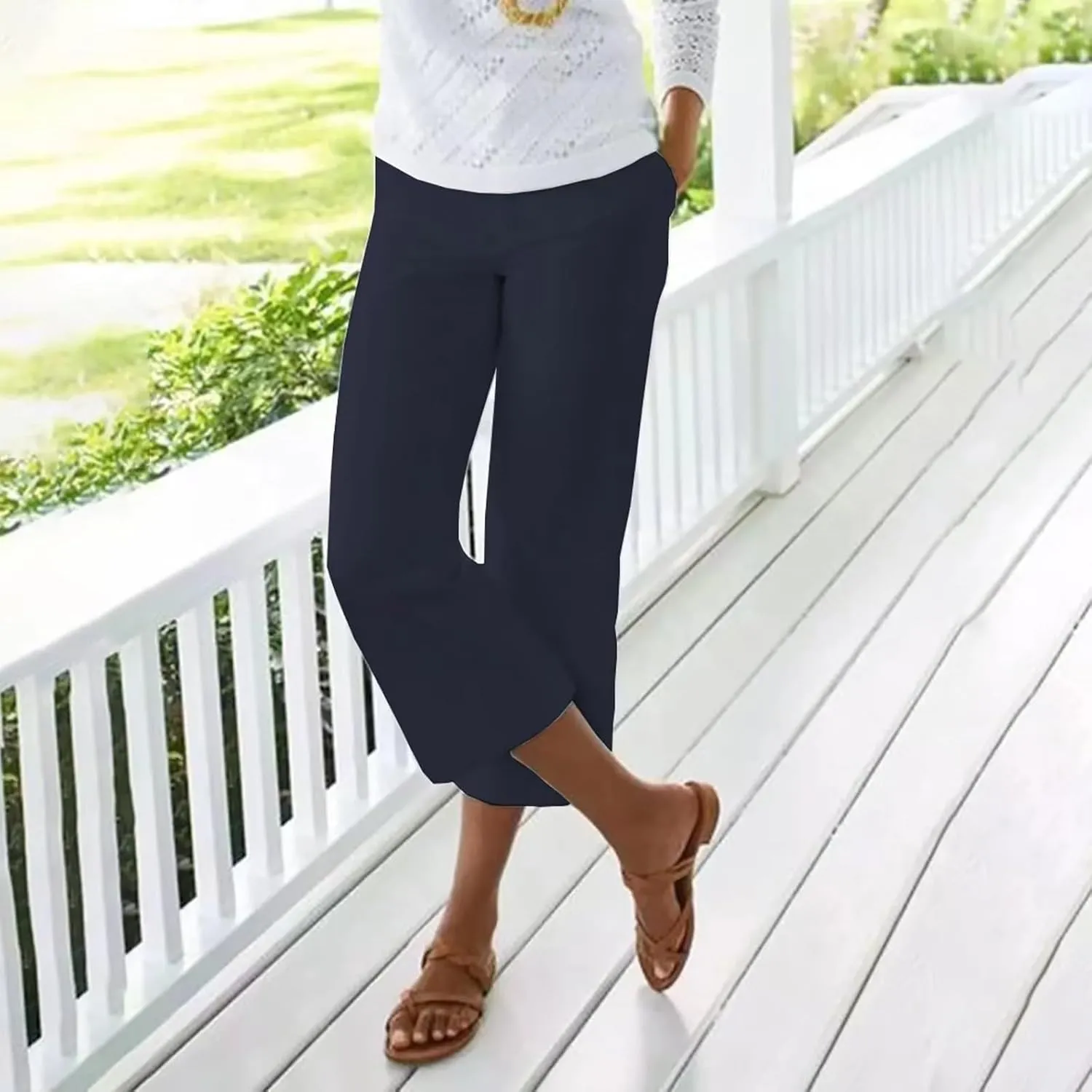 Women's Linen Pants for Summer Elastic Waist Wide Leg Cropped Pants Casual Flared Capris Lounge Trousers with Pockets