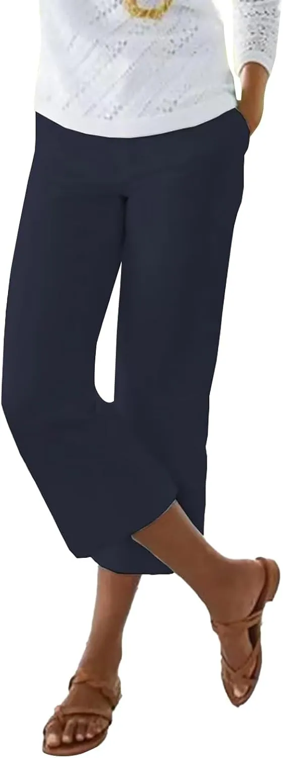 Women's Linen Pants for Summer Elastic Waist Wide Leg Cropped Pants Casual Flared Capris Lounge Trousers with Pockets