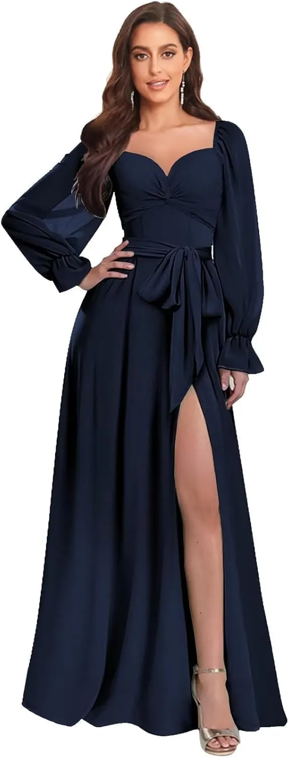 Women's Long Sleeve Chiffon Bridesmaid Dresses Off The Shoulder A Line Pleated Formal Evening Gown with Slit