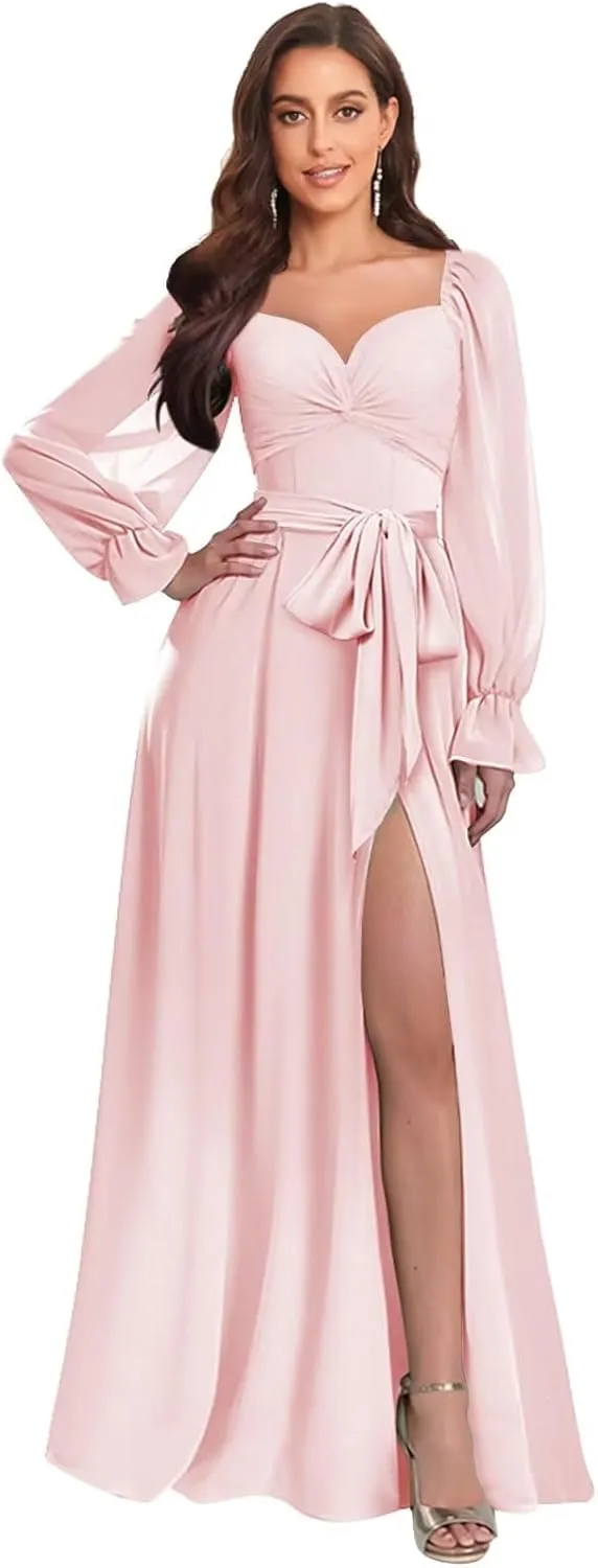 Women's Long Sleeve Chiffon Bridesmaid Dresses Off The Shoulder A Line Pleated Formal Evening Gown with Slit