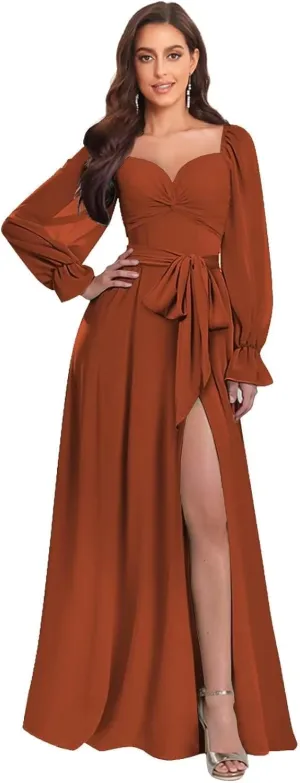 Women's Long Sleeve Chiffon Bridesmaid Dresses Off The Shoulder A Line Pleated Formal Evening Gown with Slit