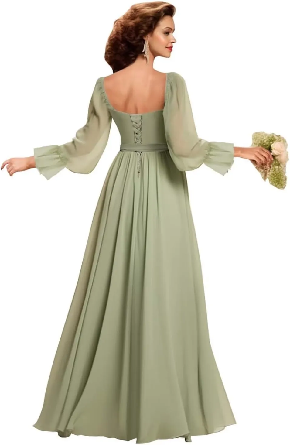 Women's Long Sleeve Chiffon Bridesmaid Dresses Off The Shoulder A Line Pleated Formal Evening Gown with Slit