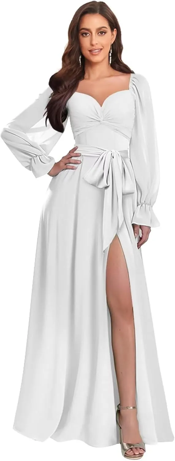 Women's Long Sleeve Chiffon Bridesmaid Dresses Off The Shoulder A Line Pleated Formal Evening Gown with Slit