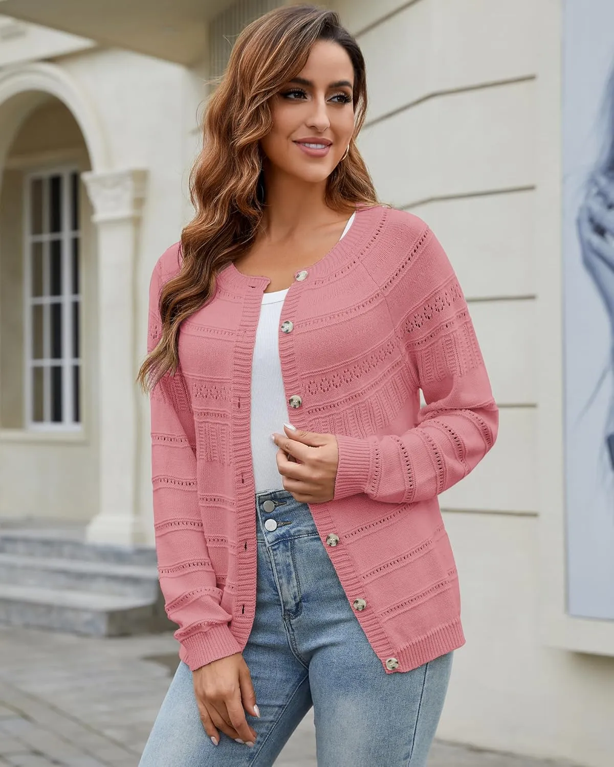 Women's Long Sleeve Sweaters Cardigan 2025 Spring Open Front Button Down Chunky Lightweight Soft Cable Knit Outwear