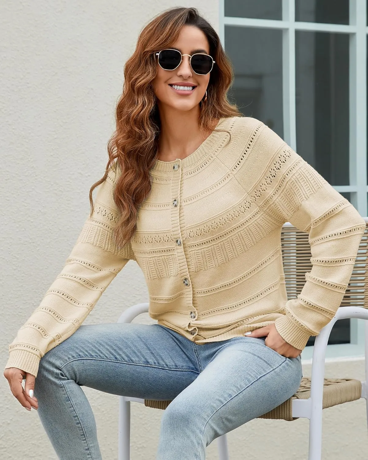 Women's Long Sleeve Sweaters Cardigan 2025 Spring Open Front Button Down Chunky Lightweight Soft Cable Knit Outwear