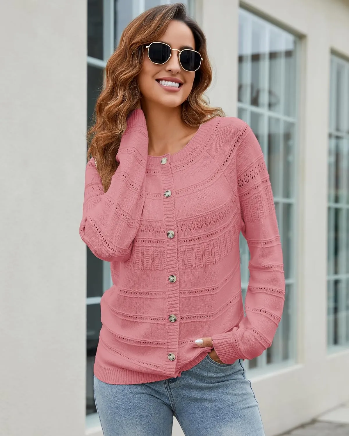 Women's Long Sleeve Sweaters Cardigan 2025 Spring Open Front Button Down Chunky Lightweight Soft Cable Knit Outwear