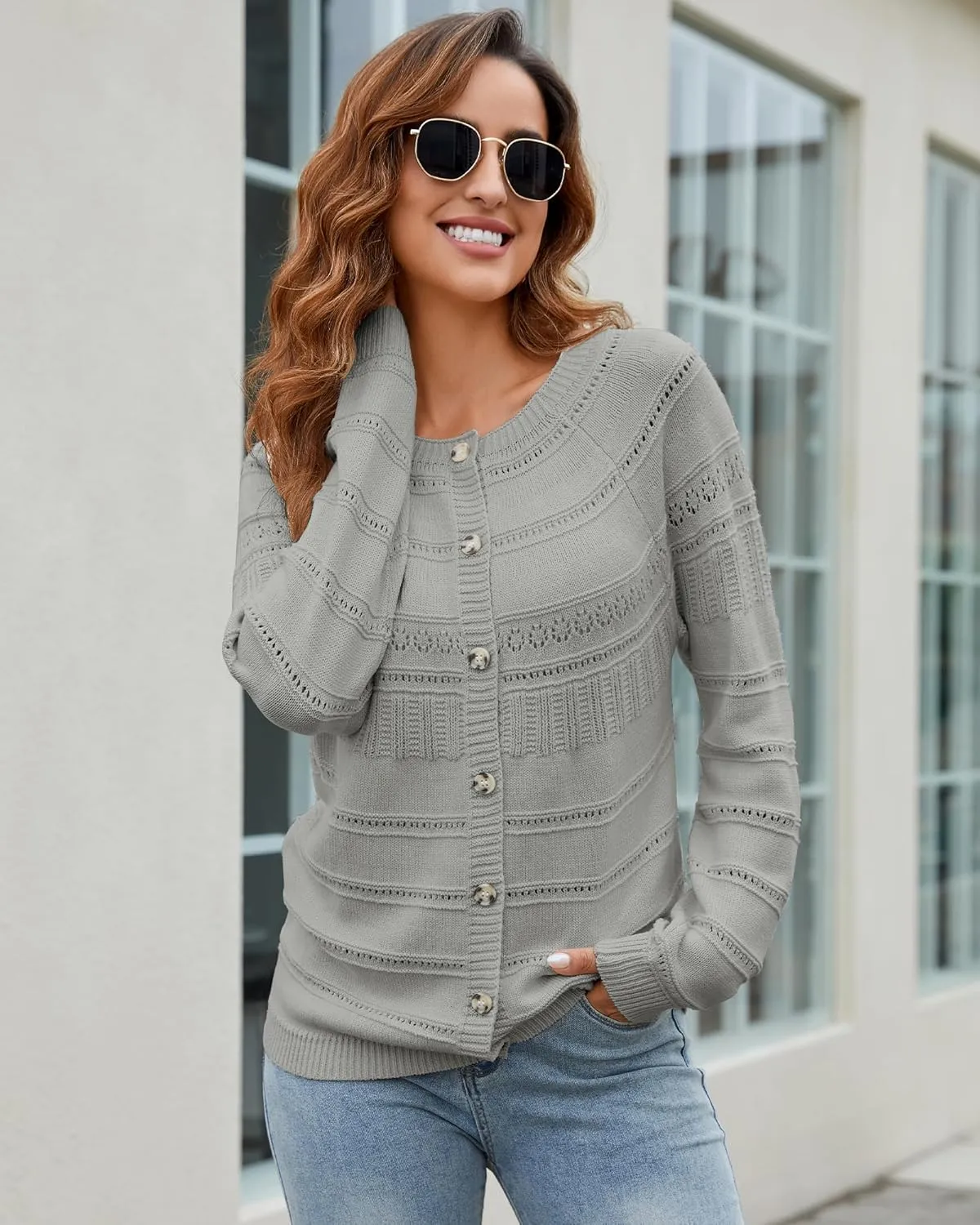 Women's Long Sleeve Sweaters Cardigan 2025 Spring Open Front Button Down Chunky Lightweight Soft Cable Knit Outwear