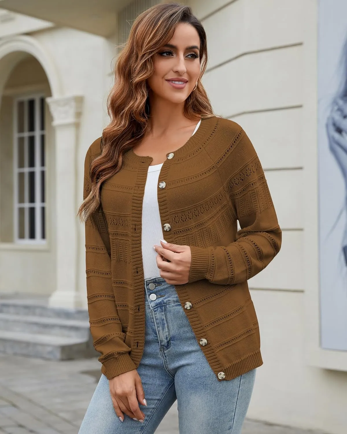 Women's Long Sleeve Sweaters Cardigan 2025 Spring Open Front Button Down Chunky Lightweight Soft Cable Knit Outwear
