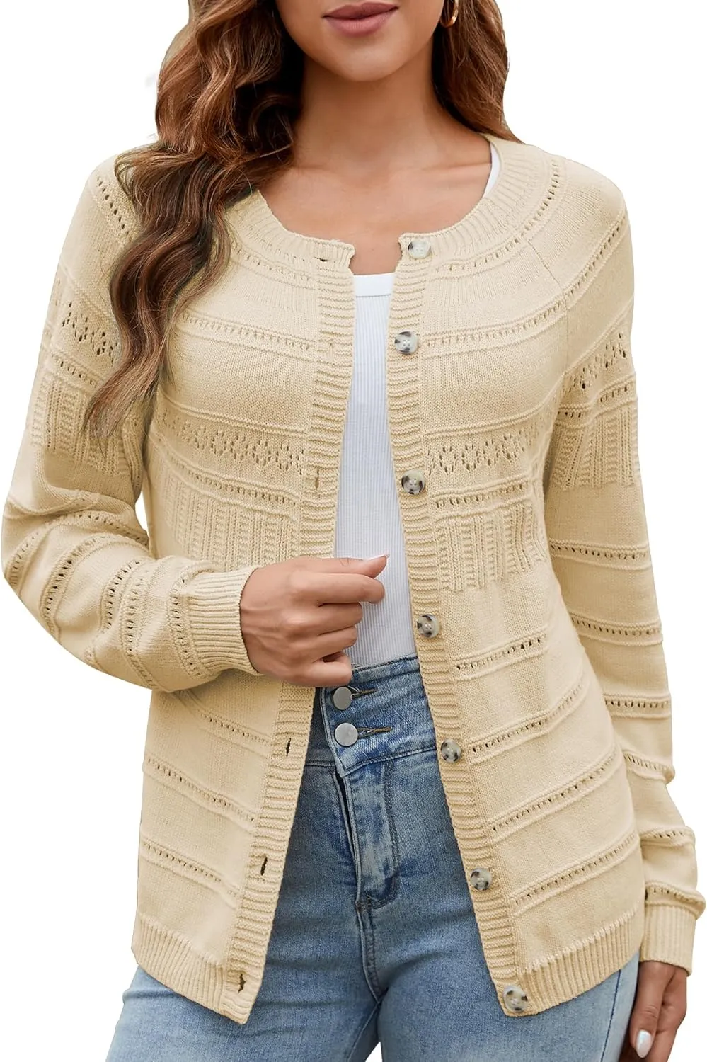 Women's Long Sleeve Sweaters Cardigan 2025 Spring Open Front Button Down Chunky Lightweight Soft Cable Knit Outwear