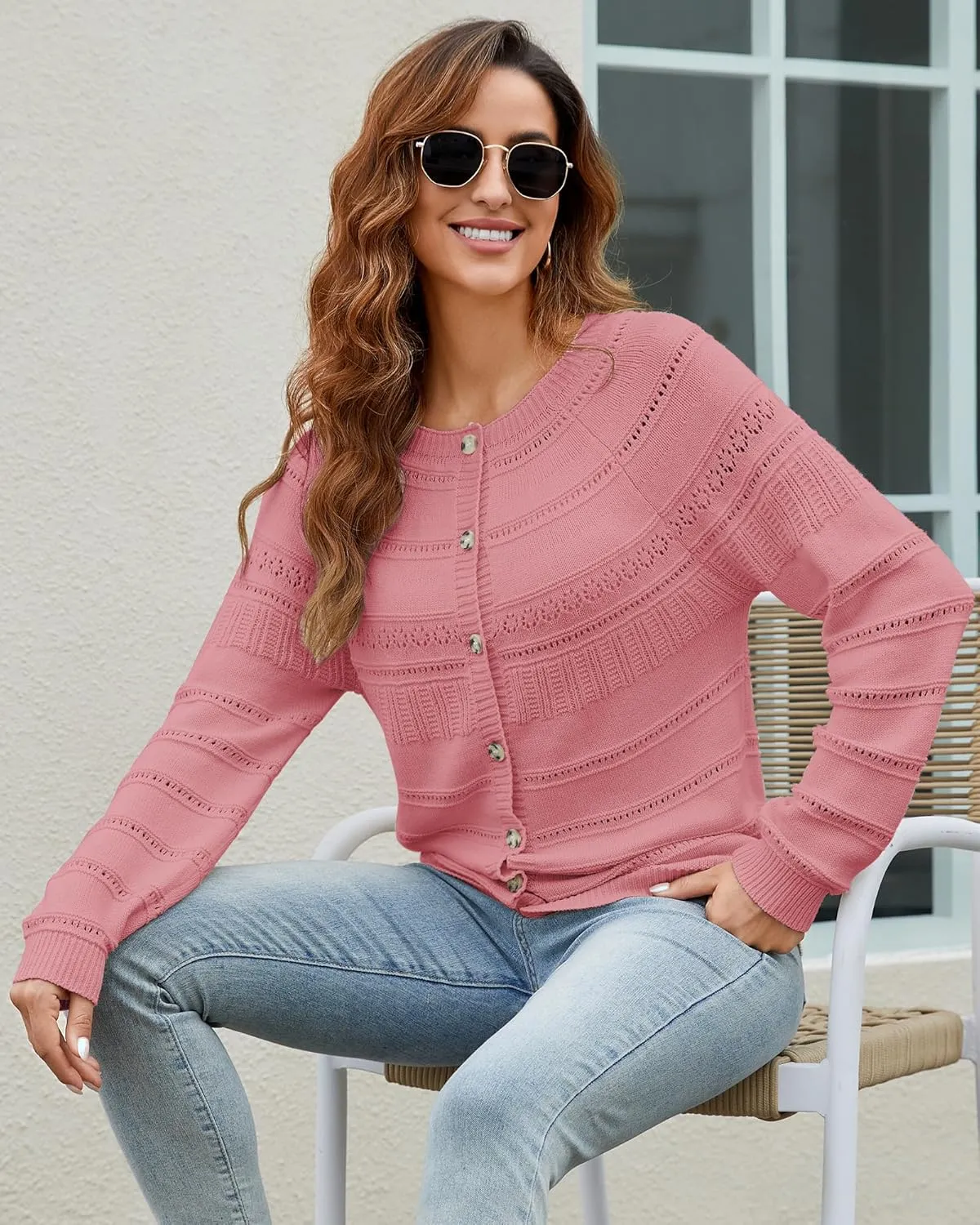 Women's Long Sleeve Sweaters Cardigan 2025 Spring Open Front Button Down Chunky Lightweight Soft Cable Knit Outwear