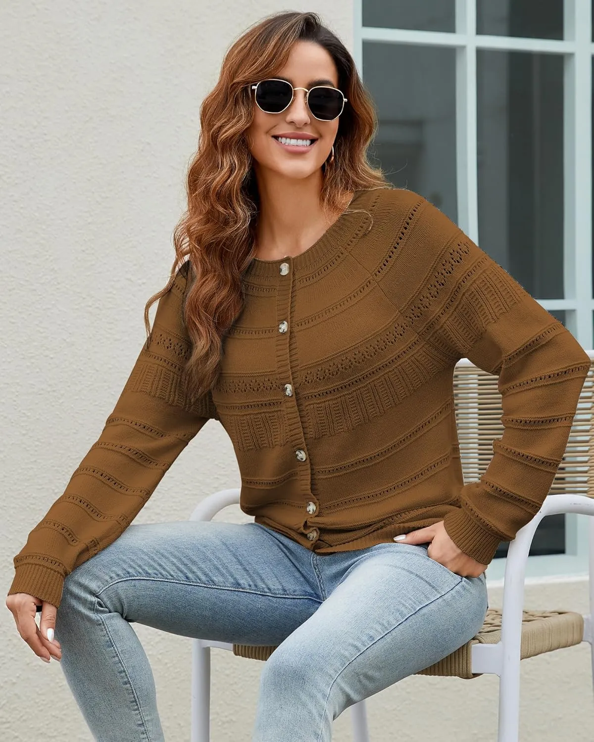 Women's Long Sleeve Sweaters Cardigan 2025 Spring Open Front Button Down Chunky Lightweight Soft Cable Knit Outwear