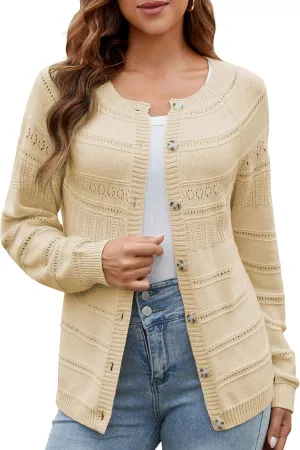 Women's Long Sleeve Sweaters Cardigan 2025 Spring Open Front Button Down Chunky Lightweight Soft Cable Knit Outwear