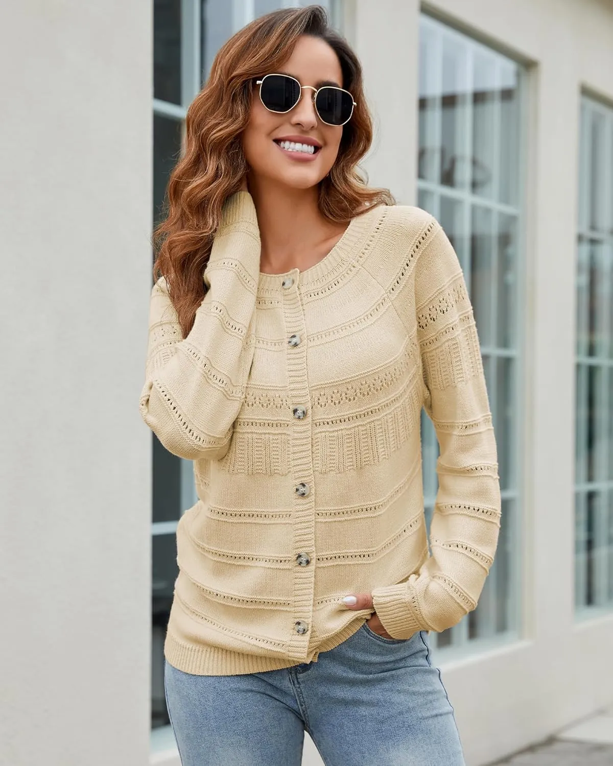 Women's Long Sleeve Sweaters Cardigan 2025 Spring Open Front Button Down Chunky Lightweight Soft Cable Knit Outwear