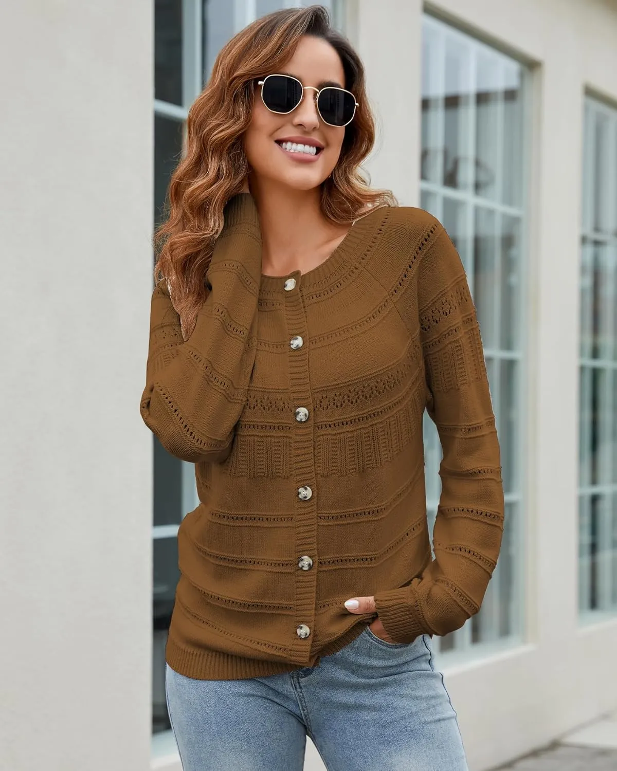 Women's Long Sleeve Sweaters Cardigan 2025 Spring Open Front Button Down Chunky Lightweight Soft Cable Knit Outwear
