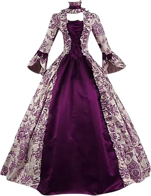 Womens Medieval Gothic Vintage Dress Patchwork Square Neck Renaissance Retro Costume Victorian Long Halloween Dresses