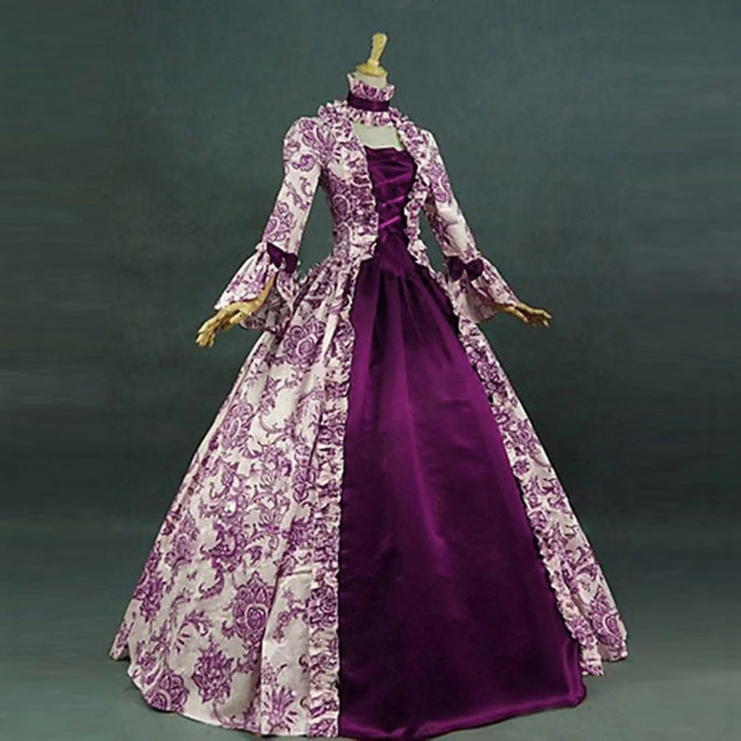 Womens Medieval Gothic Vintage Dress Patchwork Square Neck Renaissance Retro Costume Victorian Long Halloween Dresses