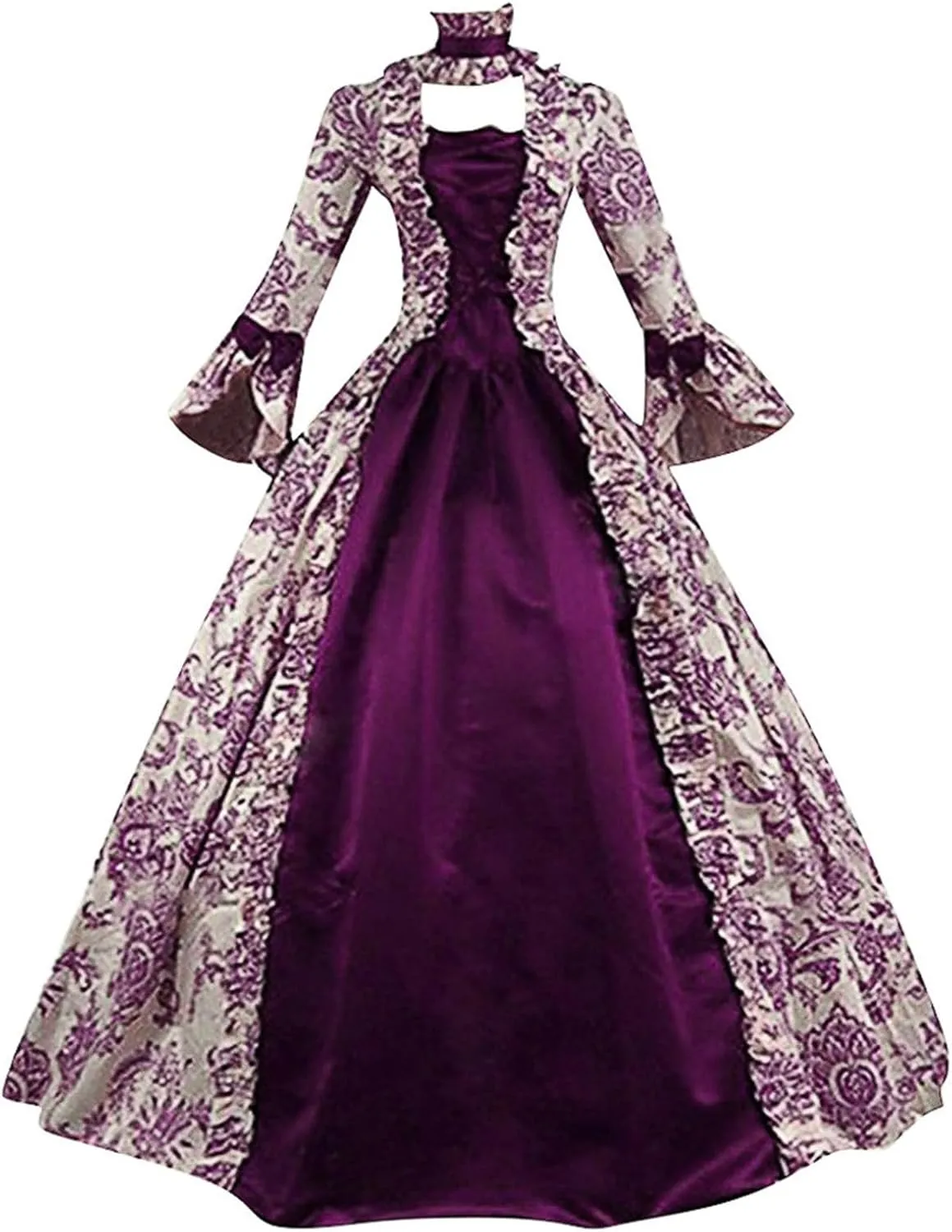 Womens Medieval Gothic Vintage Dress Patchwork Square Neck Renaissance Retro Costume Victorian Long Halloween Dresses