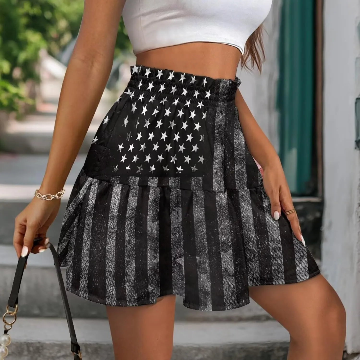 Women's Mini Skirt with Splice Ruffle High Waist Stretchy Flowy Summer Beach Pleated Skirts Short Golf Tennis