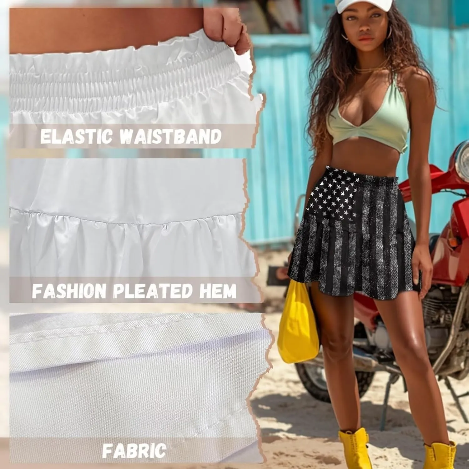 Women's Mini Skirt with Splice Ruffle High Waist Stretchy Flowy Summer Beach Pleated Skirts Short Golf Tennis