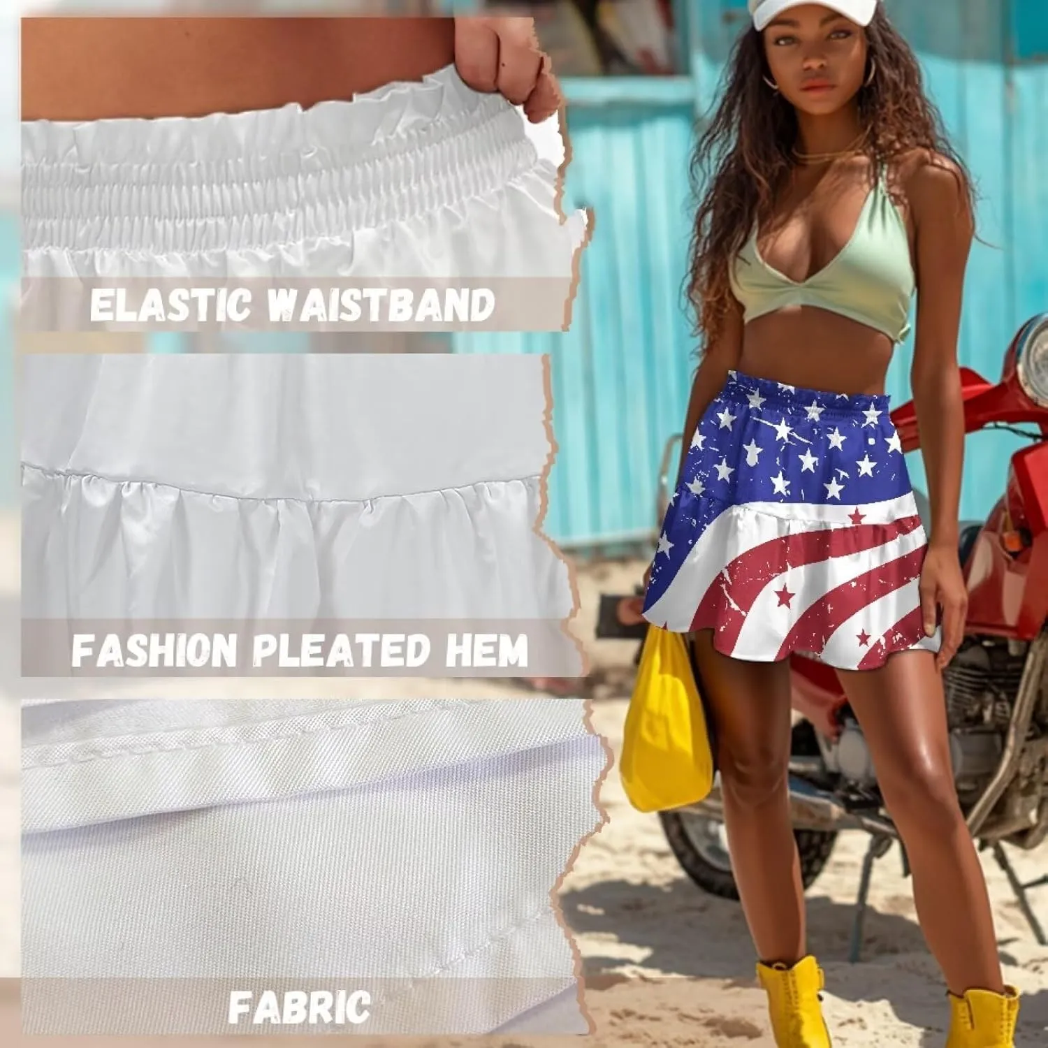 Women's Mini Skirt with Splice Ruffle High Waist Stretchy Flowy Summer Beach Pleated Skirts Short Golf Tennis