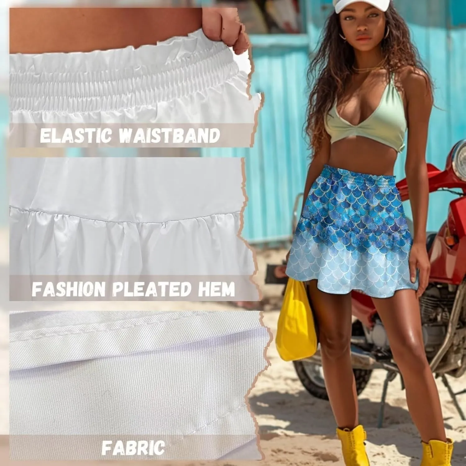 Women's Mini Skirt with Splice Ruffle High Waist Stretchy Flowy Summer Beach Pleated Skirts Short Golf Tennis